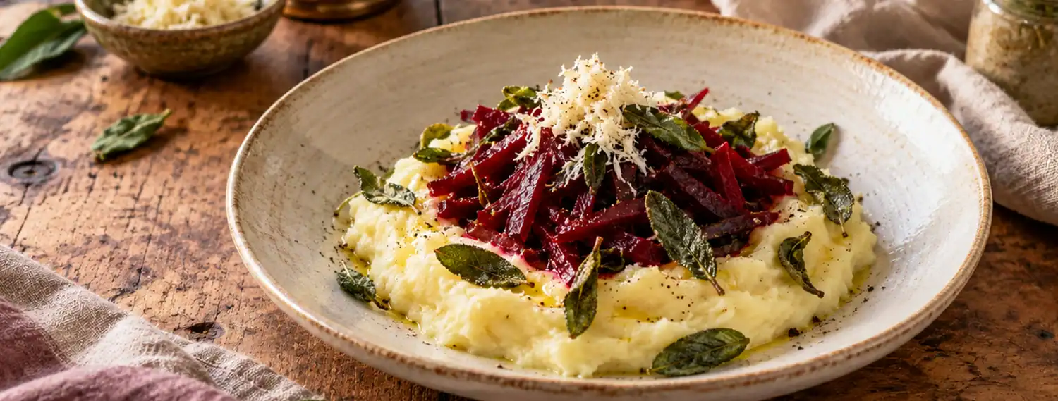 Ayurvedisches Kartoffelpüree mit gebratener roter Beete, Salbeiblättern und geriebenem Käse in RoSana Ayurveda Küche