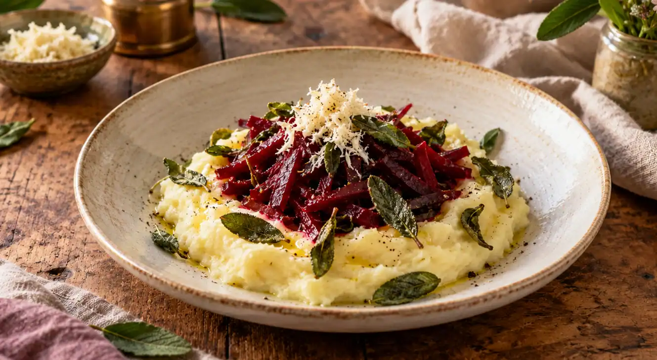 Cremiges Kartoffelpüree mit gebratener Rote Bete, knusprigem Salbei und geriebenem Käse – ayurvedische Küche bei RoSana